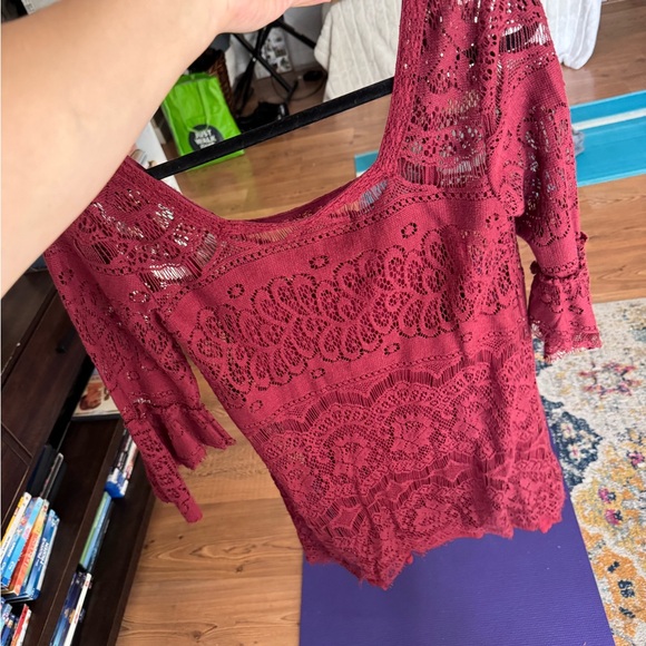Free People Burgundy Lace Overlay Cotton Mini Dress - Extra Small - Picture 9 of 10